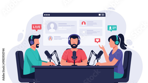 Three diverse people conducting a live podcast session with professional microphones and a large digital screen showing audience profiles.