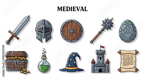 Ten cartoon medieval icons displayed in two rows above the word MEDIEVAL