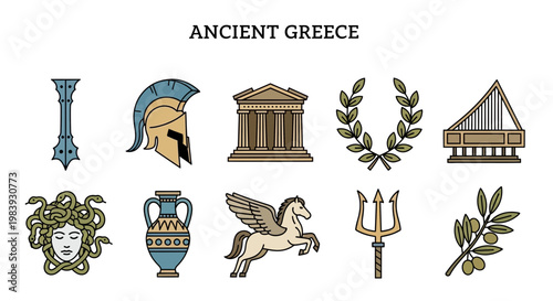 Icons representing Ancient Greece spearhead helmet temple wreath harp Medusa amphora Pegasus trident olive branch