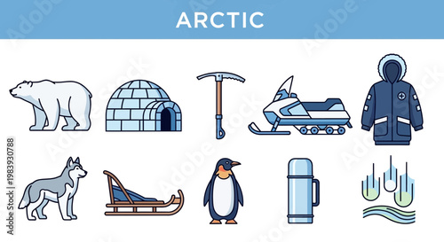 Collection of ten blue and white line art icons related to the Arctic region