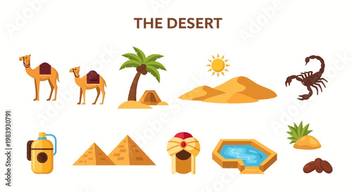 Flat icon set illustrating desert elements including animals plants structures and objects