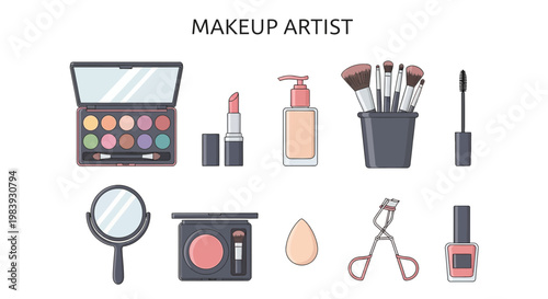 Collection of makeup artist tools and cosmetics illustrated against a white background