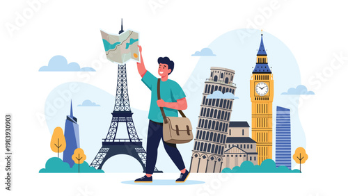 Enthusiastic traveler holding a map while standing among famous international monuments like the Eiffel Tower and Big Ben.