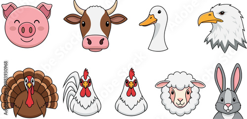 Cartoon Farm and Wild Animal Collection, Vector Illustrations of Pig, Cow, Turkey, Chicken, Rabbit, Sheep, and Eagle
