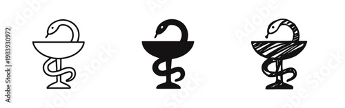 Bowl of Hygieia pharmacy symbol icon set with snake and cup for pharmaceutical services