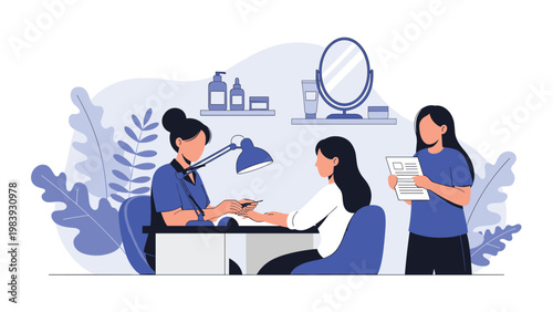 Professional manicurist providing a nail care service to a female client in a clean and stylish modern beauty salon.