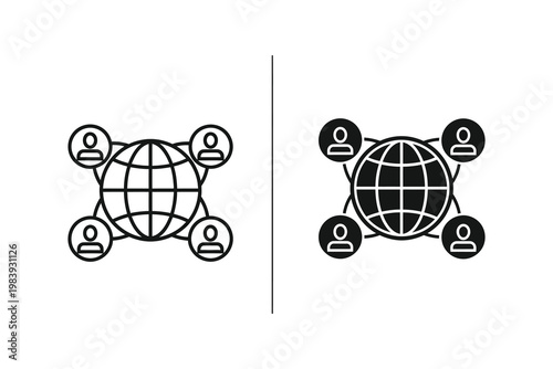 Global network connection concept with connected people icons around a stylized globe, vector illustration