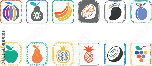 colorful fruit icons in square frames with decorative borders on white background