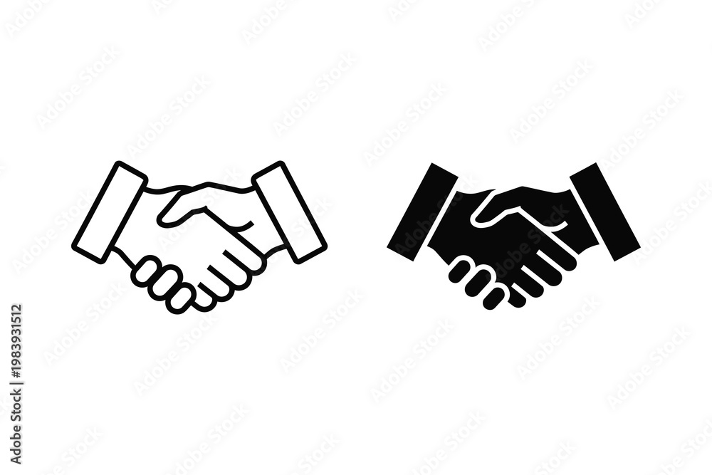 Fototapeta premium Two handshake icons, one outlined and one solid black, symbolizing partnership and agreement vector illustration