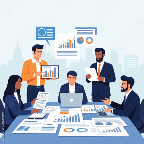 Business people discussing data analysis reports.