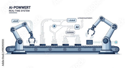 A stylized vector illustration shows robotic arms operating on a conveyor belt system with interconnected network diagrams against a clean white backdrop, rendered with a cool, futuristic