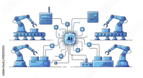 A detailed vector illustration showcases an automated factory system with robotic arms and conveyor belts, highlighted in blue tones, against a clean white background, emphasizing