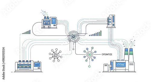 Detailed line art illustration showcasing a network of interconnected industrial machines against a clean white backdrop, rendered in a minimalist style with cool blues and greens