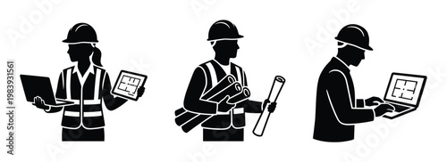Vector silhouettes of architects and engineers with hard hats, laptops, tablets, and construction plans. Ideal for design and building projects