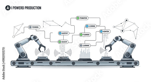 Industrial robotic arms automate manufacturing processes on a conveyor belt in a diagrammatic illustration against a clean white background, showcasing a modern technological approach