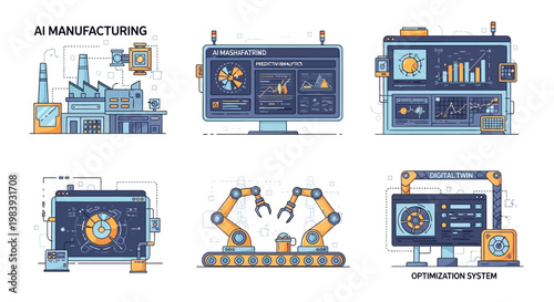 A collection of six flat vector illustrations demonstrates AI manufacturing, control systems, and optimization, displayed on screens and monitors, with a light blue and yellow color scheme