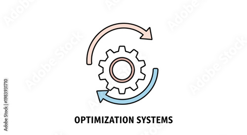 A minimalist line art illustration shows a gear with blue and pink arrows rotating around it, set against a clean white background conveying simplicity in design with a focus