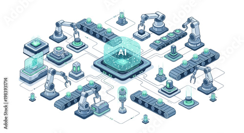 Isometric illustration showing an AI-powered automated factory with robotic arms and conveyor belts against a clean white background, rendered in a flat style with cool blue tones