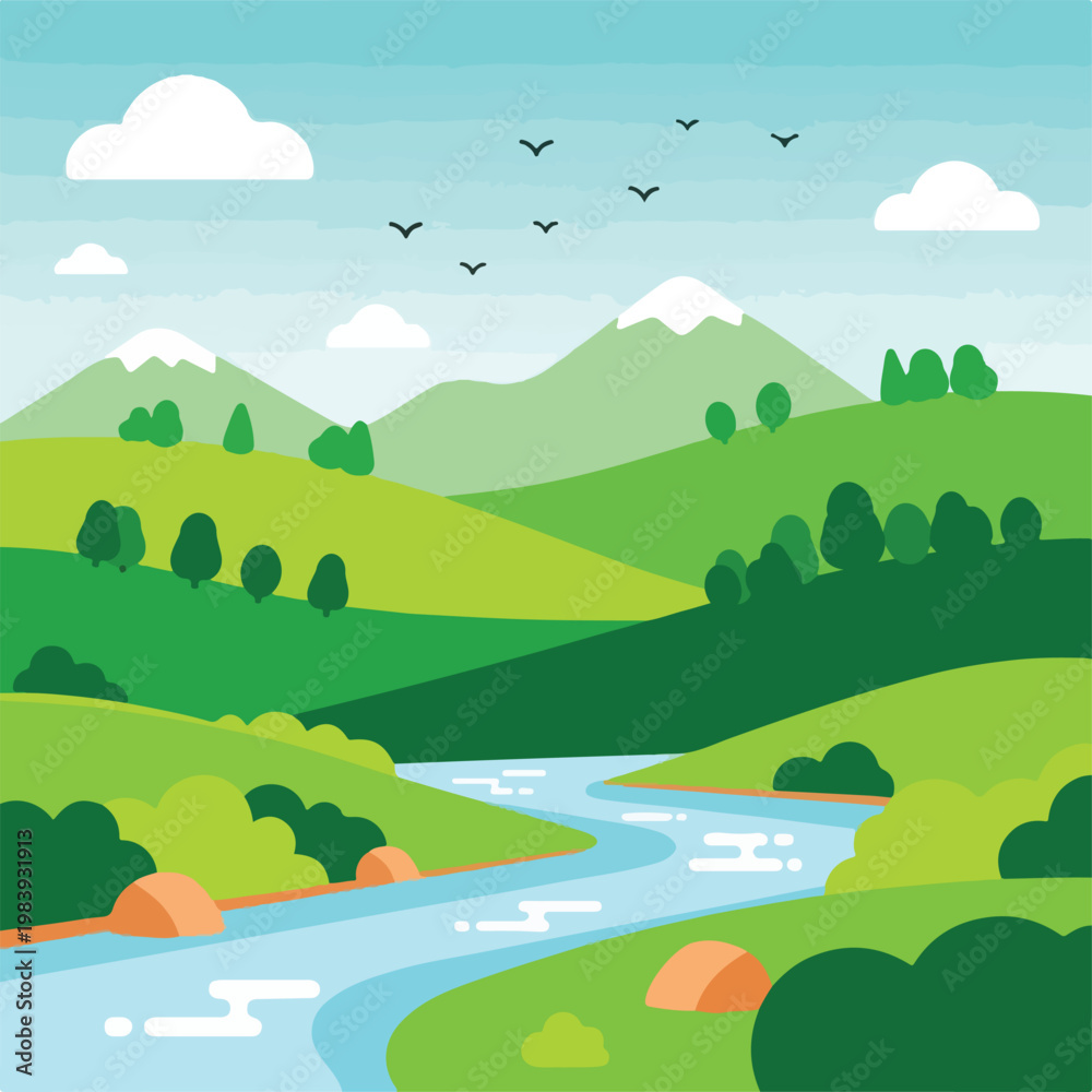 Fototapeta premium birds flying over green landscape river.