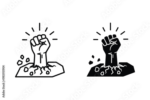 Fist breaking through ground, symbol of power, resistance, and breakthrough, vector illustration