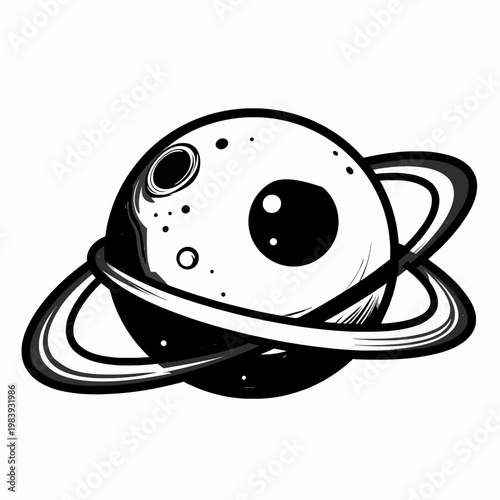 Surreal Black and White Flat Vector Illustration of a Single Cosmic Eyeball Planet with Saturn Ring, Minimalist Occult Celestial Body Icon for Dark Fantasy Concept Art Isolated on White Background