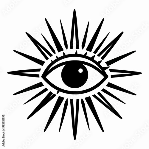 Mystical providence eye with radiating sunburst beams, black and white flat vector illustration of an occult spiritual symbol isolated on white background for esoteric concepts and wisdom
