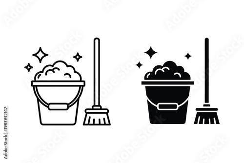 Cleaning supplies: bucket with soap suds and broom, sparkling clean vector illustration