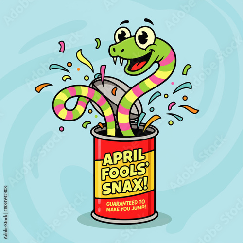 A cartoon snake emerges from a can of April Fools' Snax on a light blue background