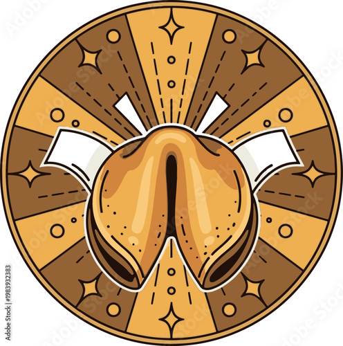 Stylized golden fortune cookie with celestial sunburst and stars, representing luck, destiny, and hidden wisdom. Perfect for mystical and inspirational designs.
