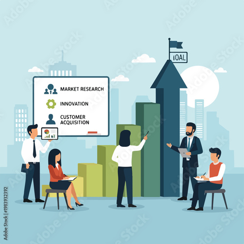 Business people discussing market research data.