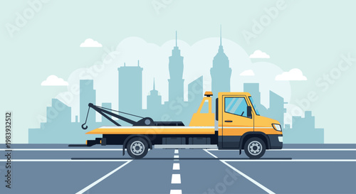 Professional flat vector illustration of a yellow tow truck on a city road, perfect for roadside assistance and vehicle recovery service concepts.