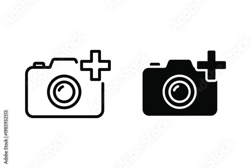 Camera icon with plus sign, outline and solid fill, simple vector illustration for adding photos