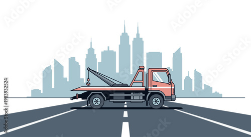 Professional tow truck driving on an urban road with a city skyline background. Ideal for roadside assistance and recovery service marketing materials.