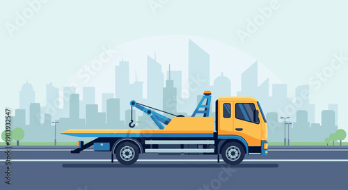 Professional vector illustration of a yellow flatbed tow truck on a city road, ideal for roadside assistance, logistics, and automotive service branding.