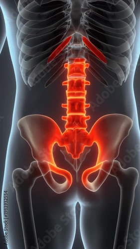 Human skeleton with highlighted lower back and pelvis area
