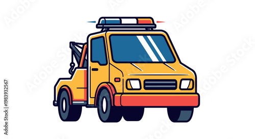 Professional flat illustration of a yellow tow truck with emergency lights, ideal for roadside assistance and vehicle recovery service branding.