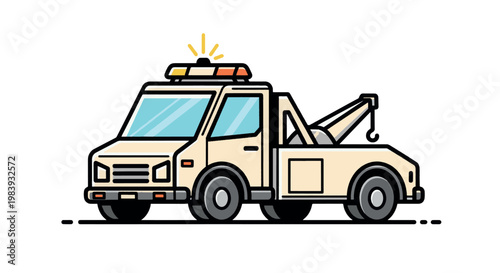Clean and modern flat vector illustration of a tow truck with emergency lights, perfect for roadside assistance and automotive service designs.