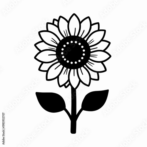 Konstfotografi Minimalist black flat vector illustration of a single blooming sunflower with symmetrical leaves and a thick stem, botanical nature concept isolated on white background