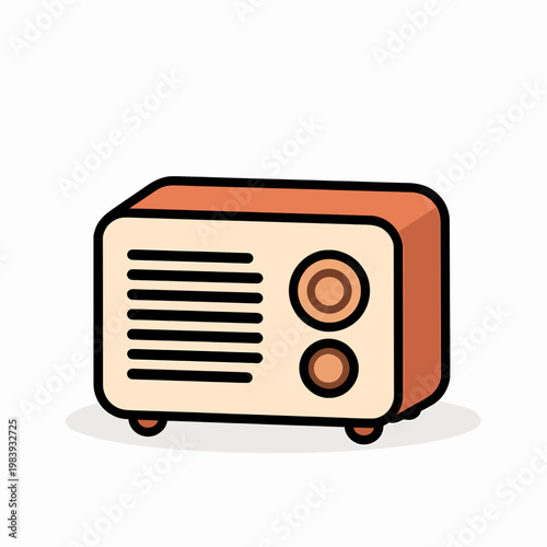 Vintage Style Flat Vector Illustration of a Single Retro Radio, Mid-Century Modern Electronic Device in Coral Orange and Cream, Minimalist Graphic Design Isolated on White Background for Media Concept