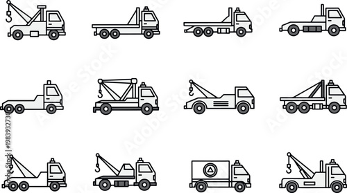 Professional collection of tow truck icons featuring various recovery vehicles, flatbeds, and wreckers for roadside assistance services.