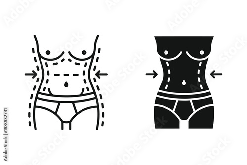 Body contouring with surgical lines, before and after comparison, flat design vector illustration