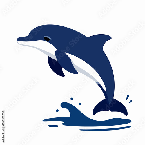 Minimalist Flat Vector Illustration of a Single Bottlenose Dolphin Leaping Over Ocean Waves, Nautical Blue Sea Life Icon Isolated on White Background for Marine Conservation Concept