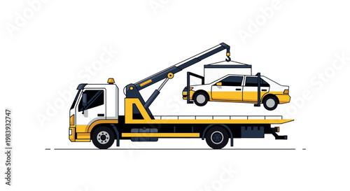 Professional flat vector illustration of a tow truck using a crane to lift a car. Ideal for roadside assistance, insurance, and automotive service themes.