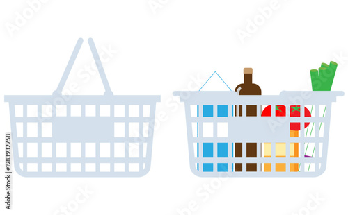 空の買い物カゴと商品が入った買い物カゴのセットイラスト