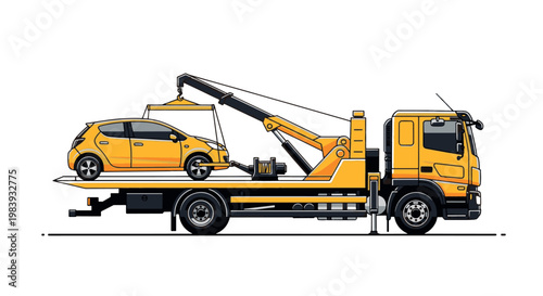 Clean vector illustration of a yellow tow truck carrying a small car, representing roadside assistance and vehicle recovery services.