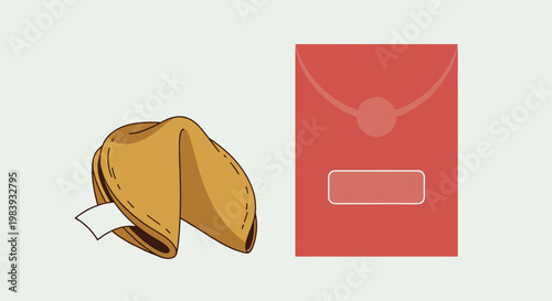 A flat vector illustration of a fortune cookie and a red envelope, traditional symbols of good luck and prosperity for Lunar New Year celebrations.