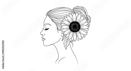 elegant line art woman with sunflower in hair beauty and nature concept
