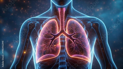 Human torso with illuminated lungs in a dark background