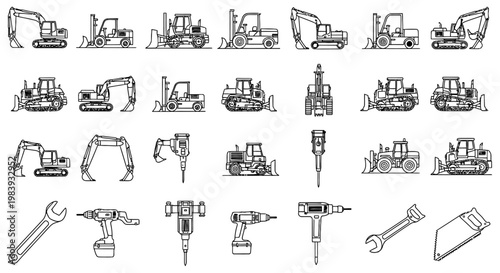 diverse construction equipment and tools line art collection