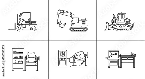 set of six line art illustrations of industrial and construction machinery